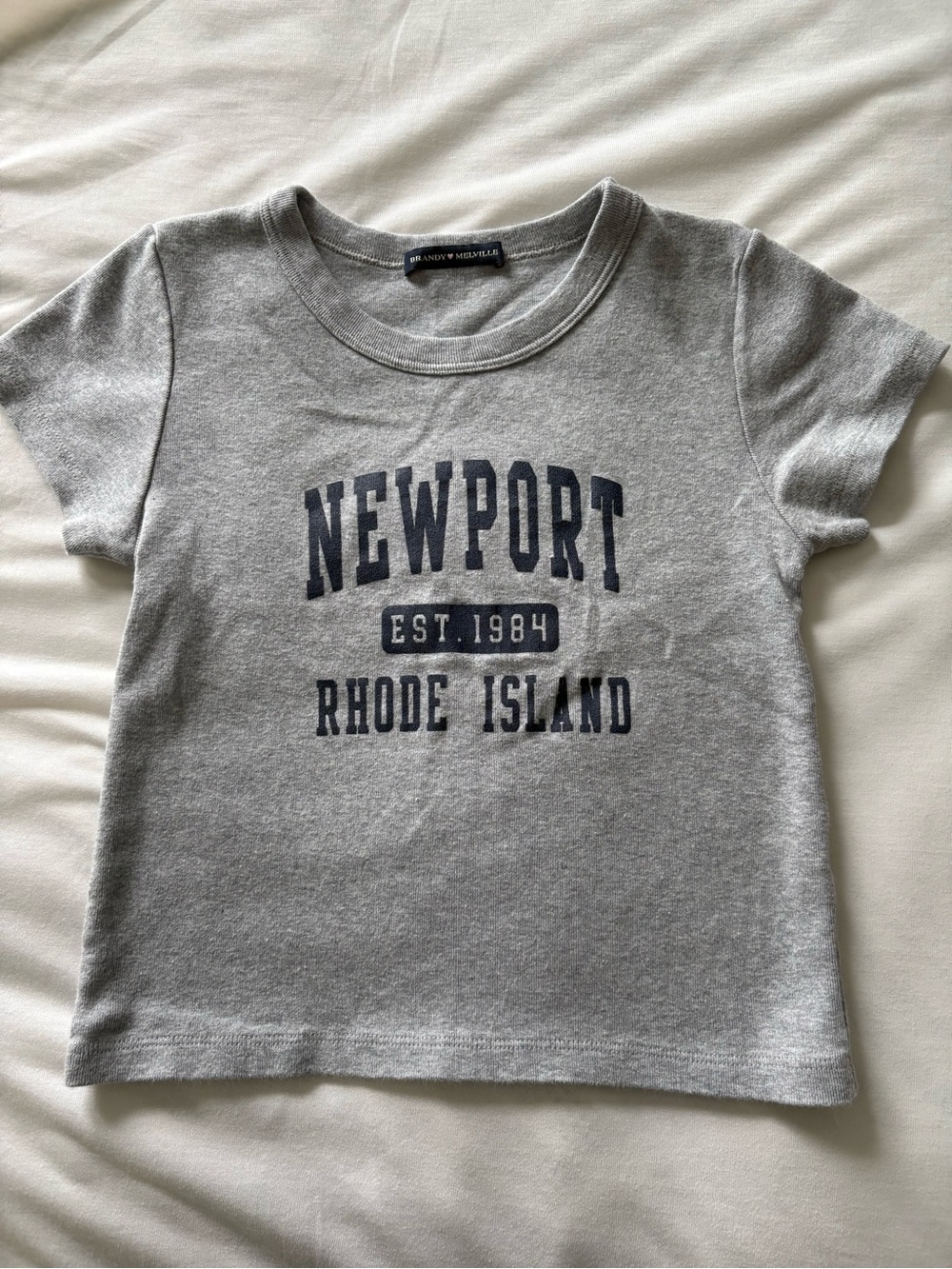 Brandy Melville Light Gray Tee with Navy Newport Graphic